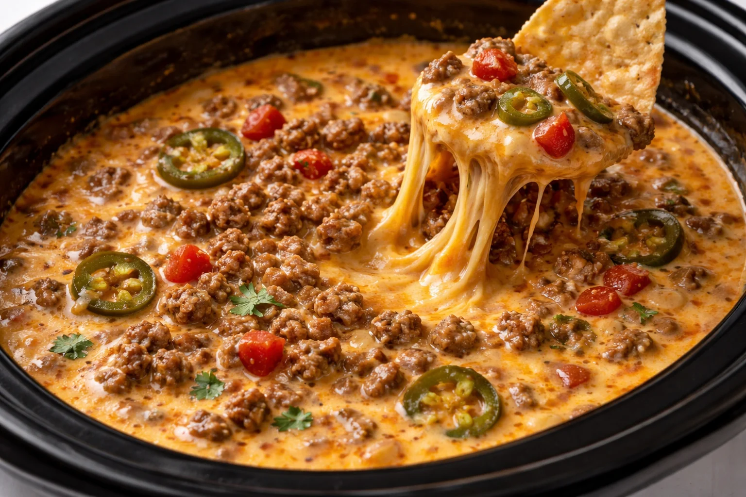 Creamy crockpot queso dip served with tortilla chips