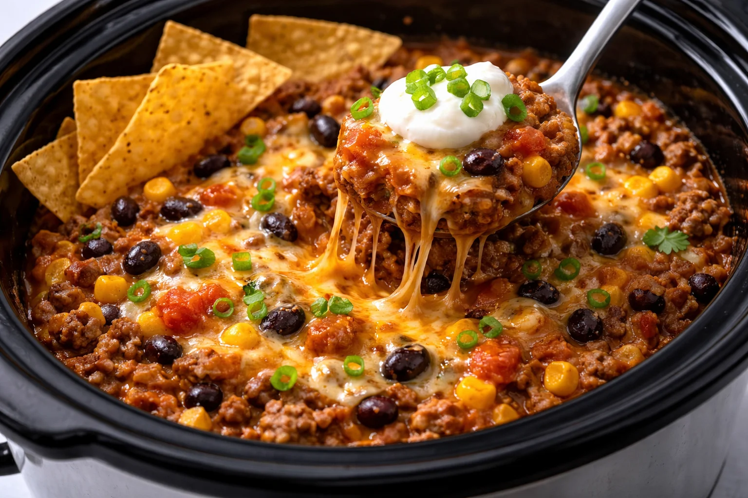 Delicious Crockpot Taco Casserole ready to serve.
