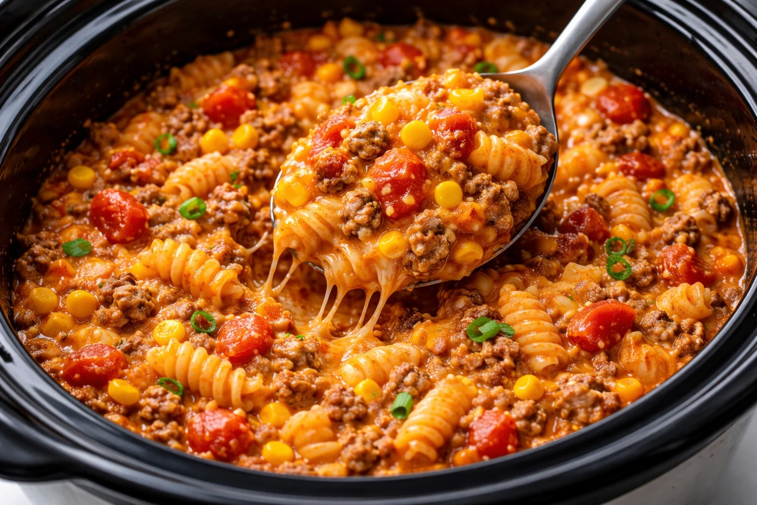 Crockpot Taco Pasta dish ready to serve with melted cheese on top