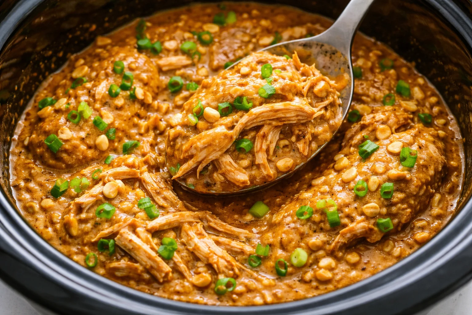 Crockpot Thai Peanut Chicken served with fresh vegetables and chopped peanuts