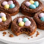Easter Birds Nest Cookies decorated with chocolate eggs and coconut nests