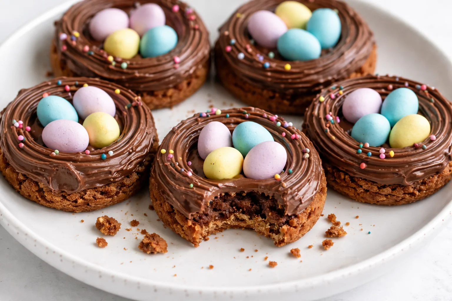 Easter Birds Nest Cookies decorated with chocolate eggs and coconut nests