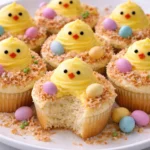 Colorful Easter Chick Cupcakes decorated with cute chick designs and sprinkles