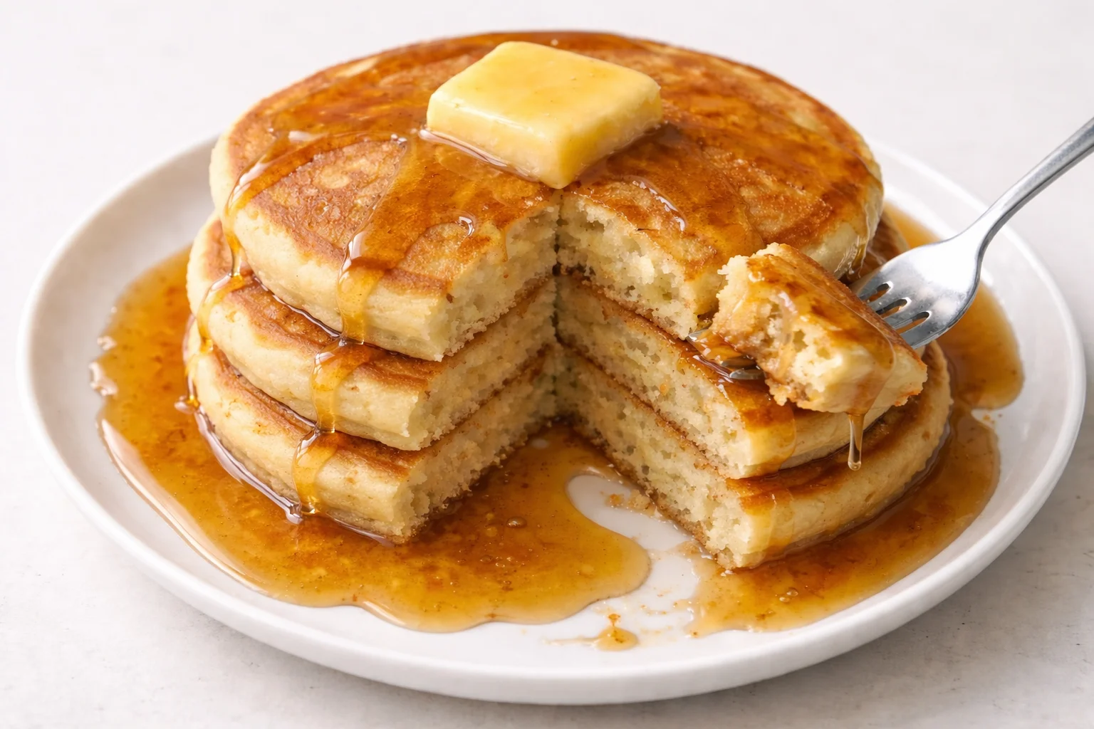 Delicious fluffy pancakes stacked with syrup and berries