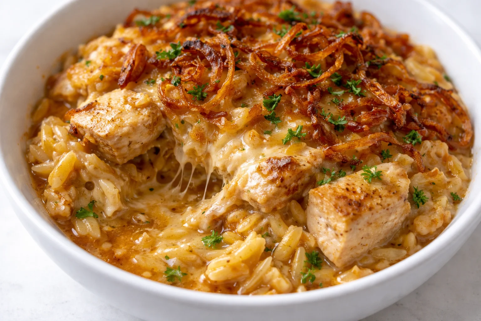 French Onion Chicken Orzo Casserole