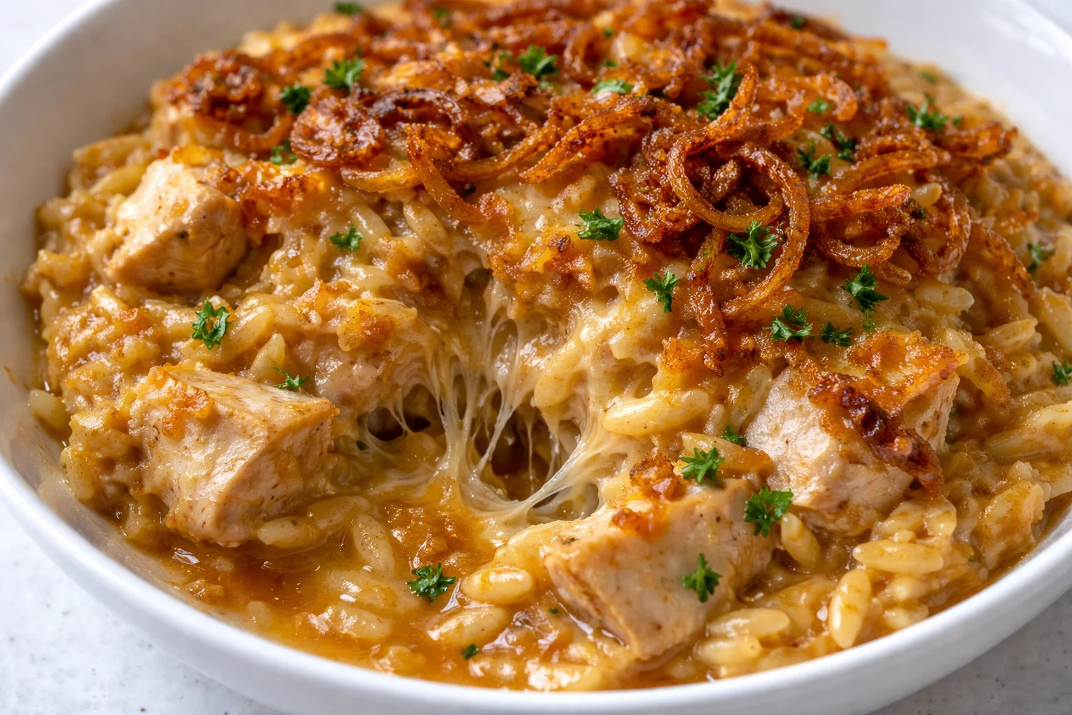 French Onion Chicken Orzo Casserole