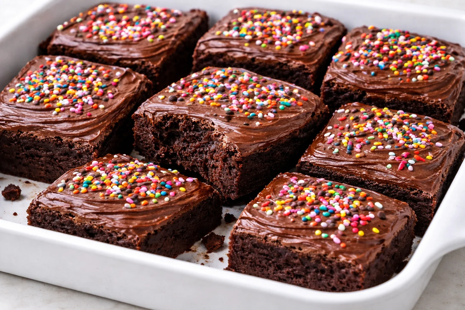 Fudgy Brownie Delight with Chocolate Frosting on a white plate