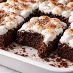 Fudgy brownies with marshmallow frosting on a white plate