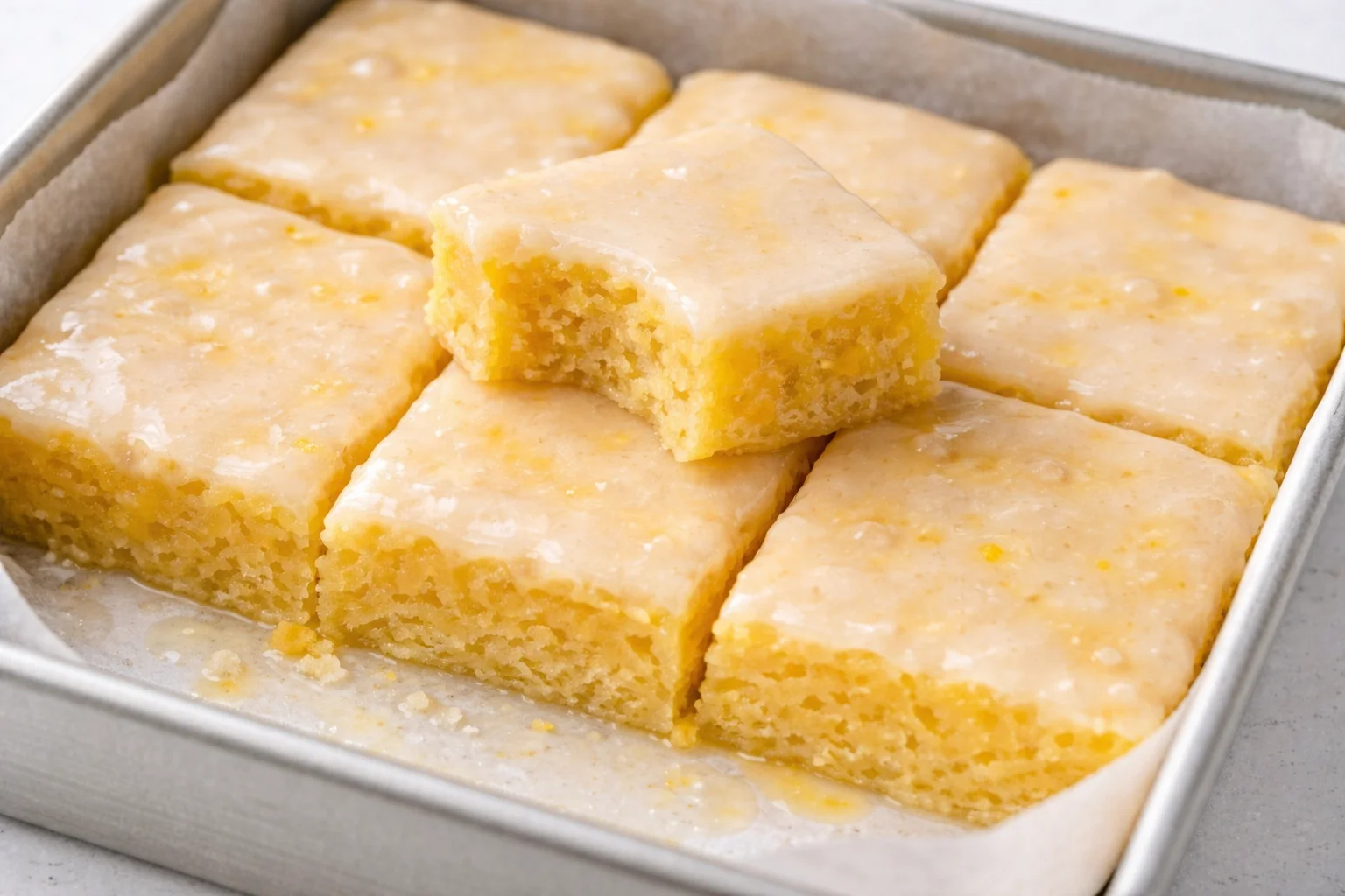 Fudgy lemon blondies stacked on a white plate with lemon slices