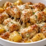 Garlic Parmesan Chicken and Potatoes Skillet served in a pan