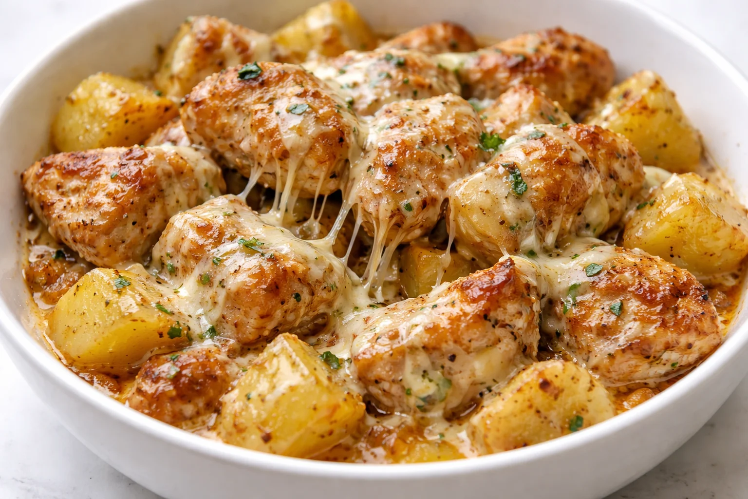 Garlic Parmesan Chicken and Potatoes Skillet served in a pan
