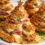 Festive ham and cheese puff pastry shaped like Christmas trees