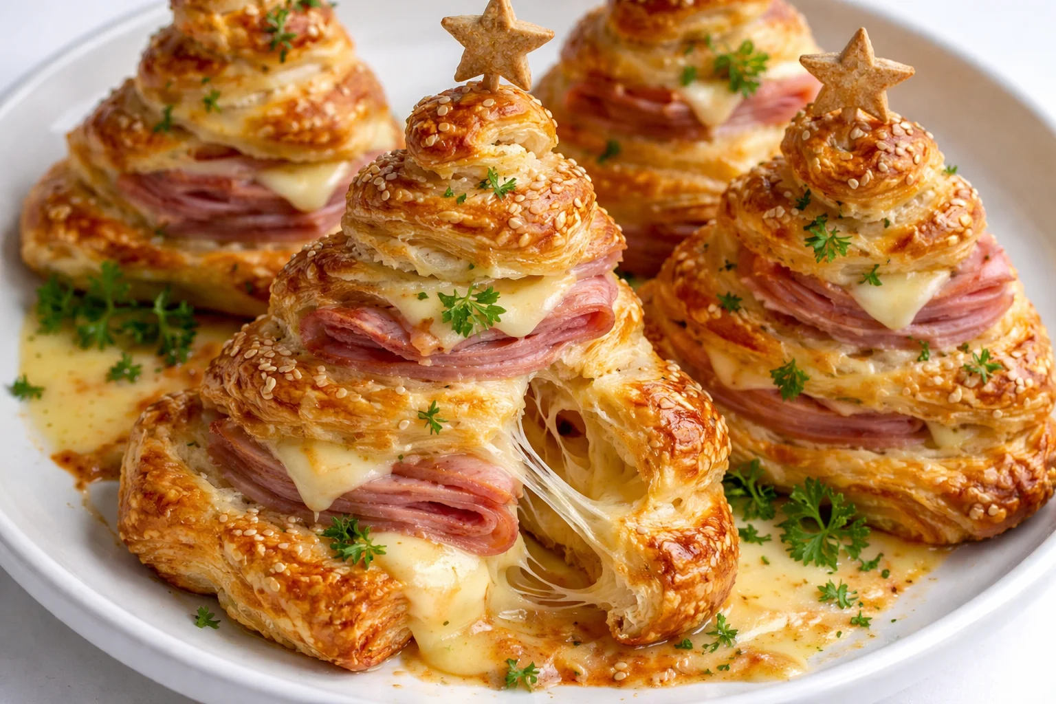 Festive ham and cheese puff pastry shaped like Christmas trees