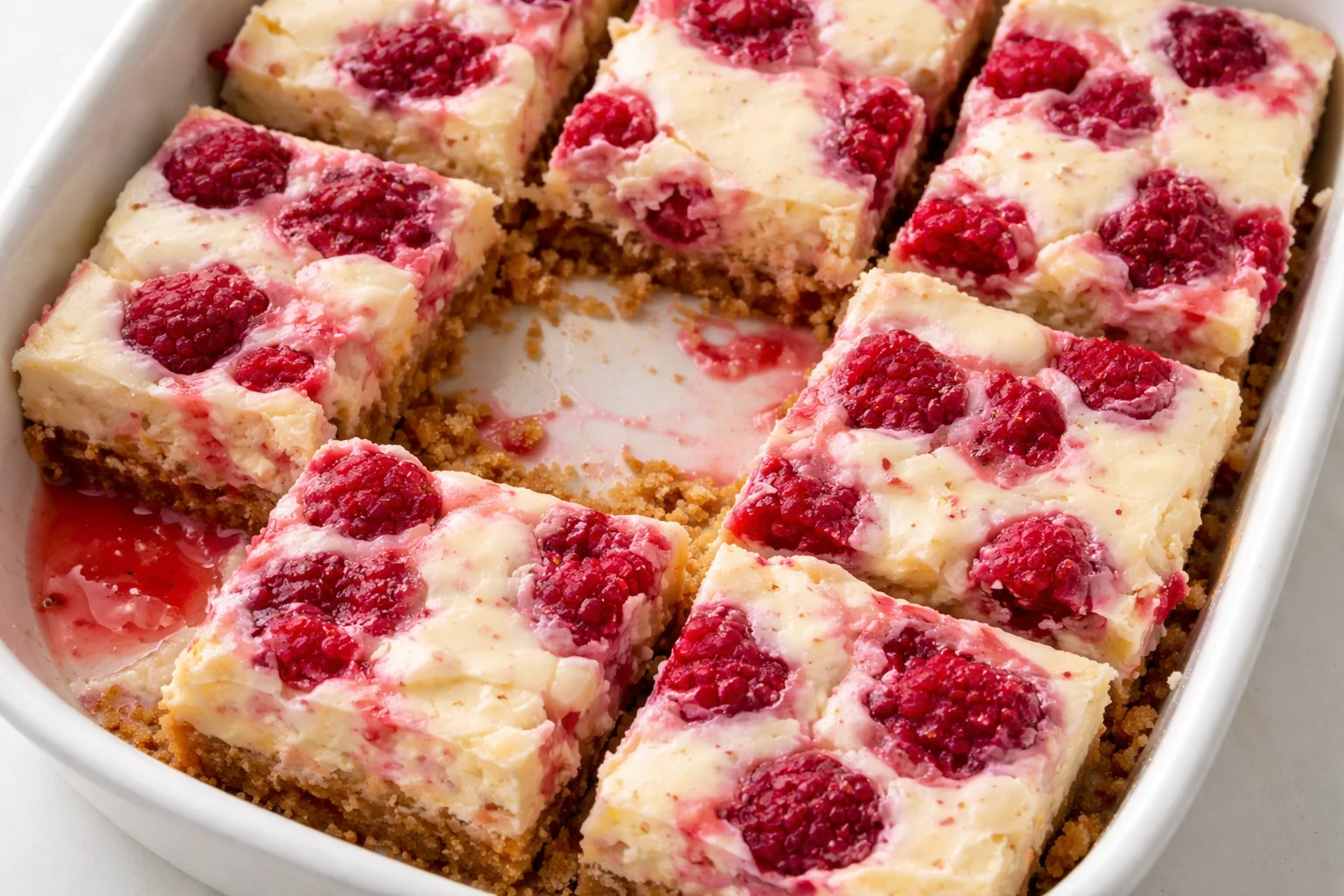 Healthy high protein raspberry cheesecake bars topped with fresh raspberries