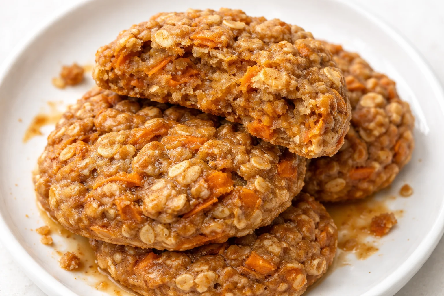 Healthy carrot cake oatmeal cookies on a plate, garnished with walnuts