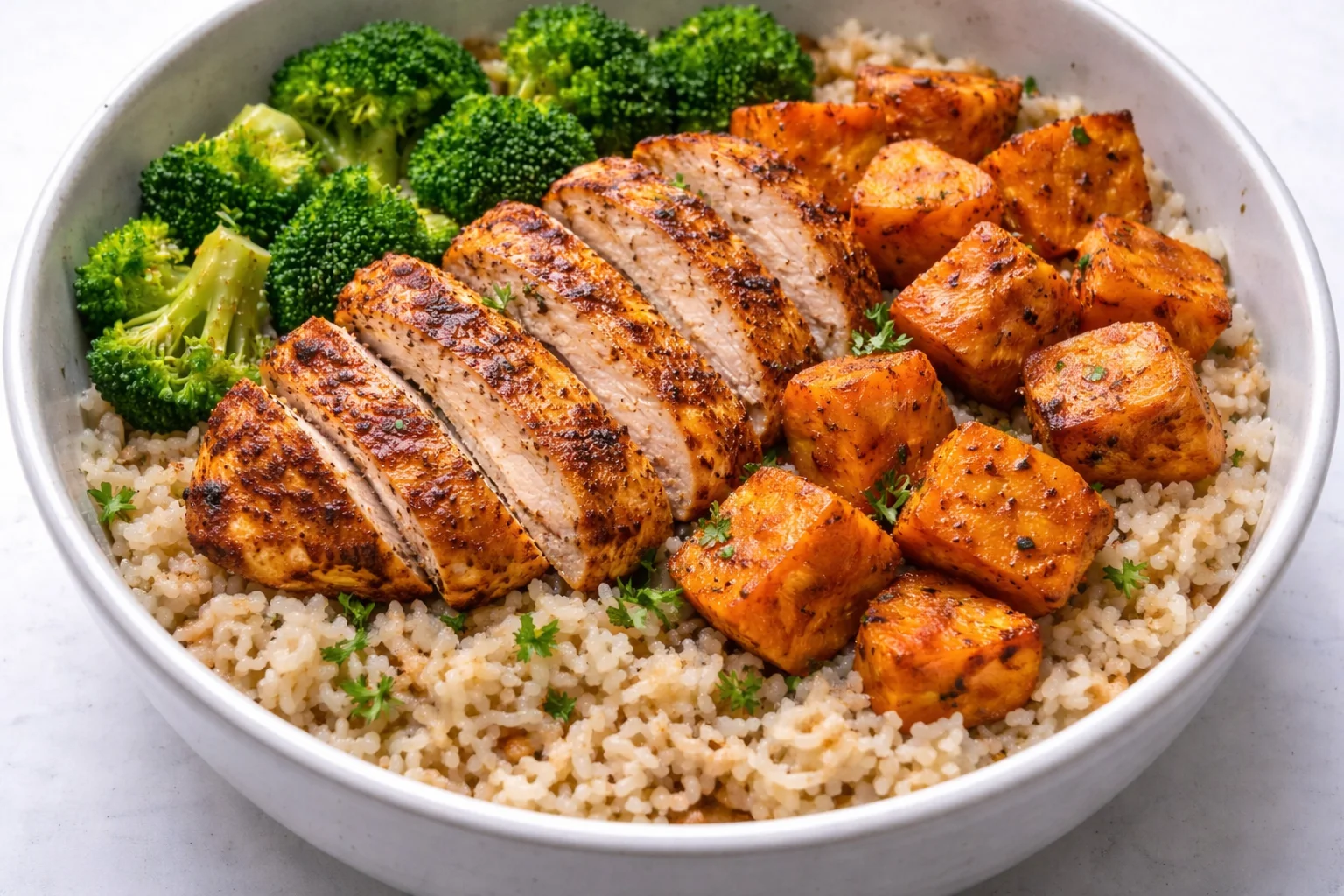 Healthy chicken and sweet potato rice bowl topped with fresh vegetables.