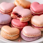 Heart-shaped macarons in various colors and flavors on a white background.