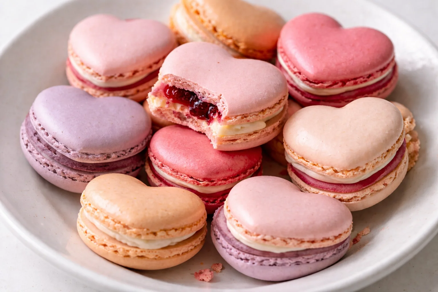 Heart-shaped macarons in various colors and flavors on a white background.