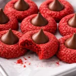 Hershey's Red Velvet Blossoms cookies topped with chocolate kisses