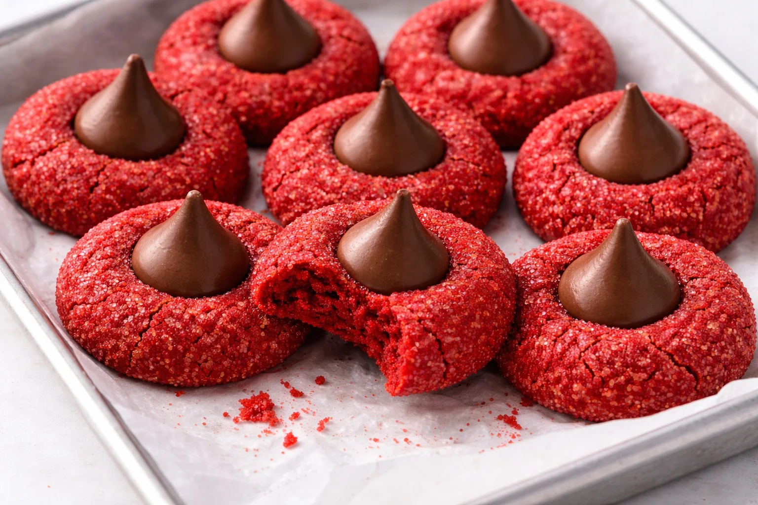 Hershey's Red Velvet Blossoms cookies topped with chocolate kisses