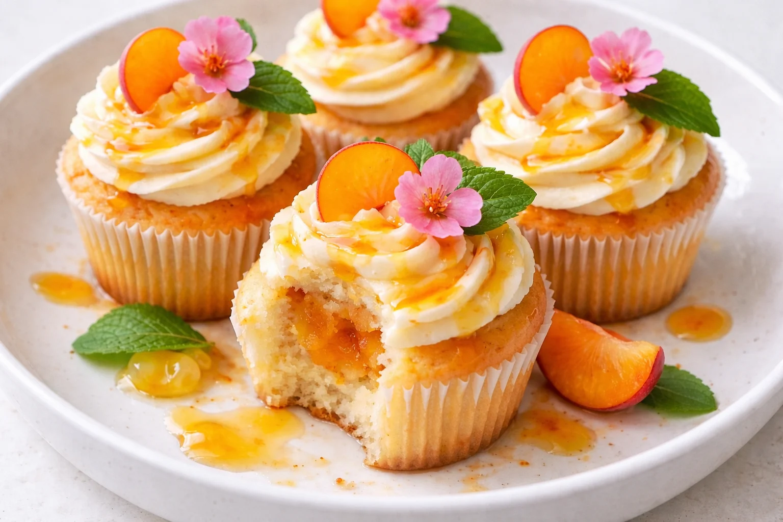 Honey peach cream cheese cupcakes topped with fresh peach slices