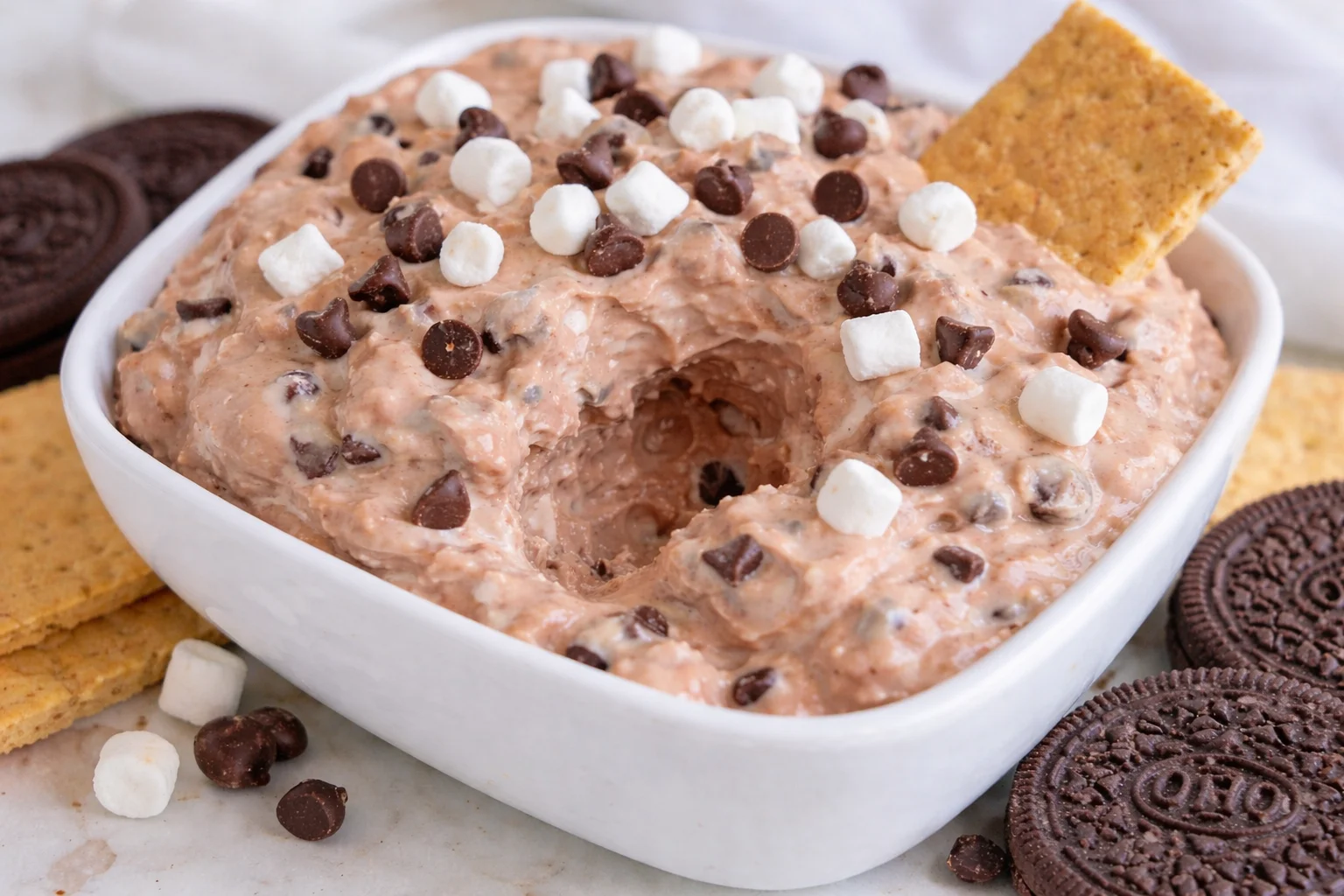 Delicious hot chocolate dip recipe topped with marshmallow fluff in a bowl.