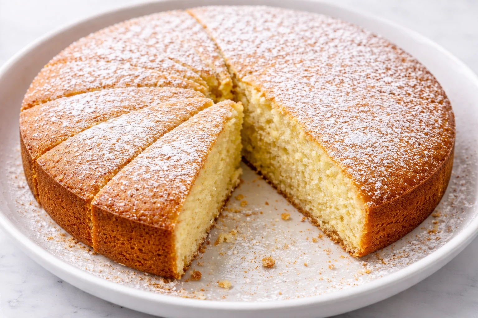 Delicious homemade Irish Tea Cake served on a plate with tea.