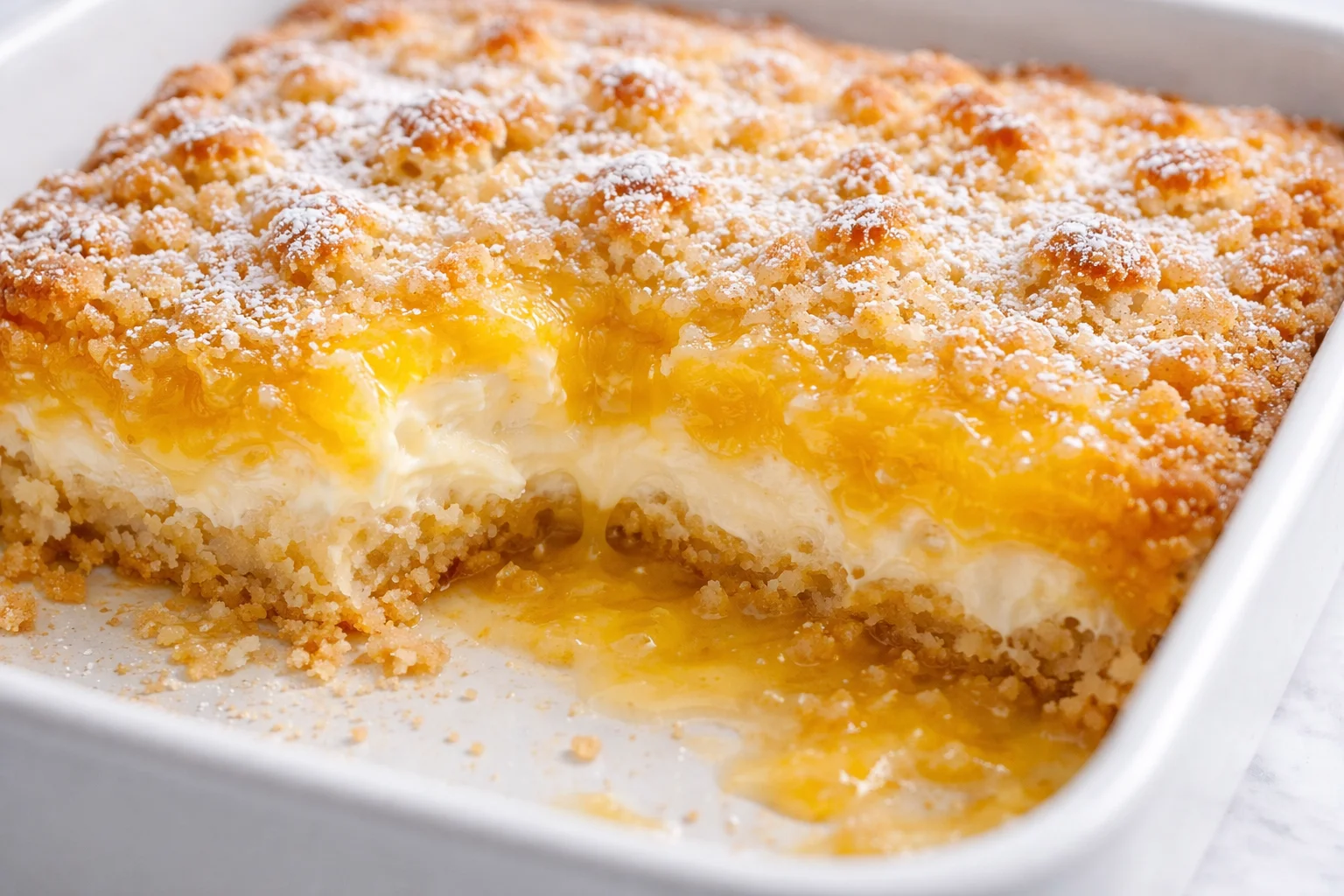 Slice of lemon cream cheese dump cake on a plate with lemon slices