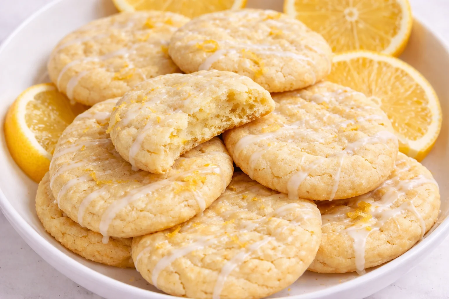 Freshly baked lemon sugar cookies on a white plate