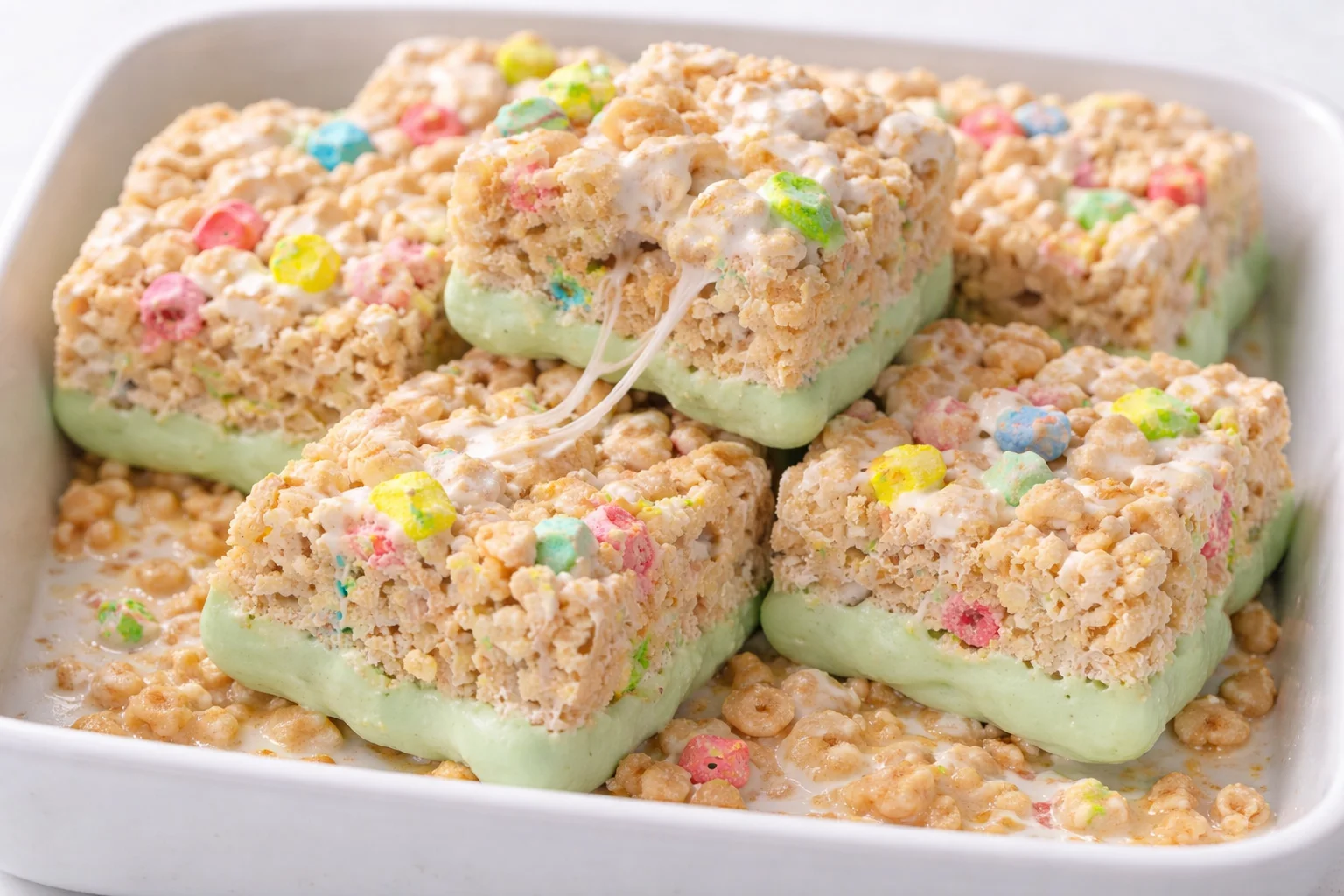 Delicious Lucky Charms Treats featuring colorful marshmallows and cereal.