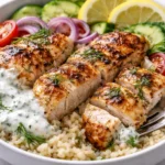 Mediterranean lemon-dill chicken bowls garnished with fresh herbs and vegetables