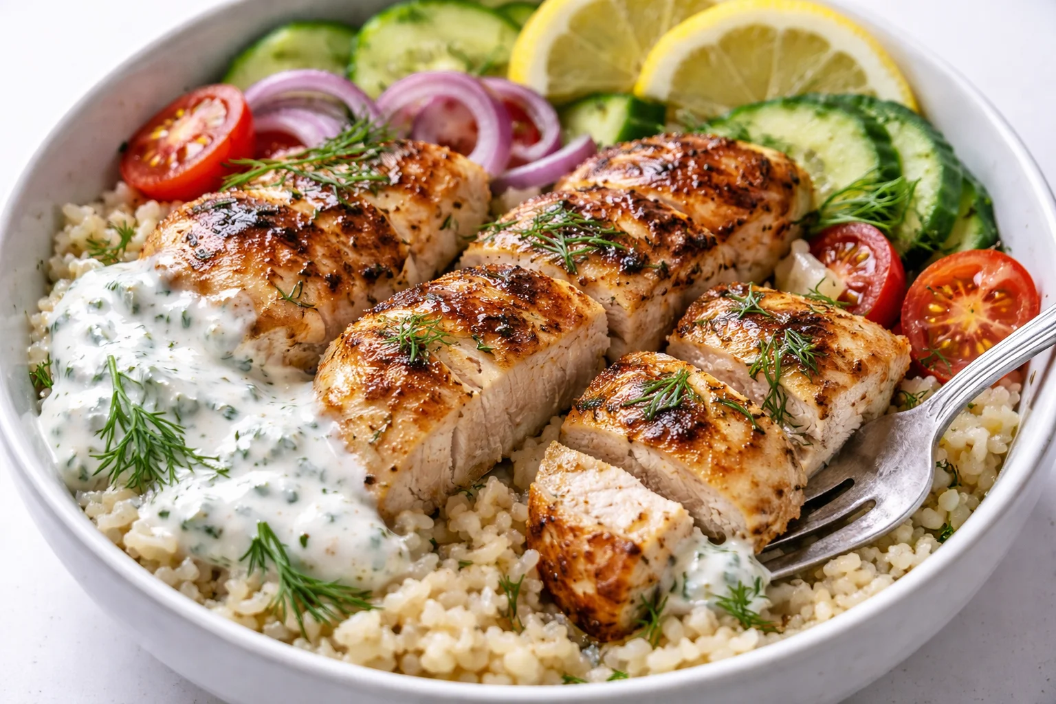 Mediterranean lemon-dill chicken bowls garnished with fresh herbs and vegetables