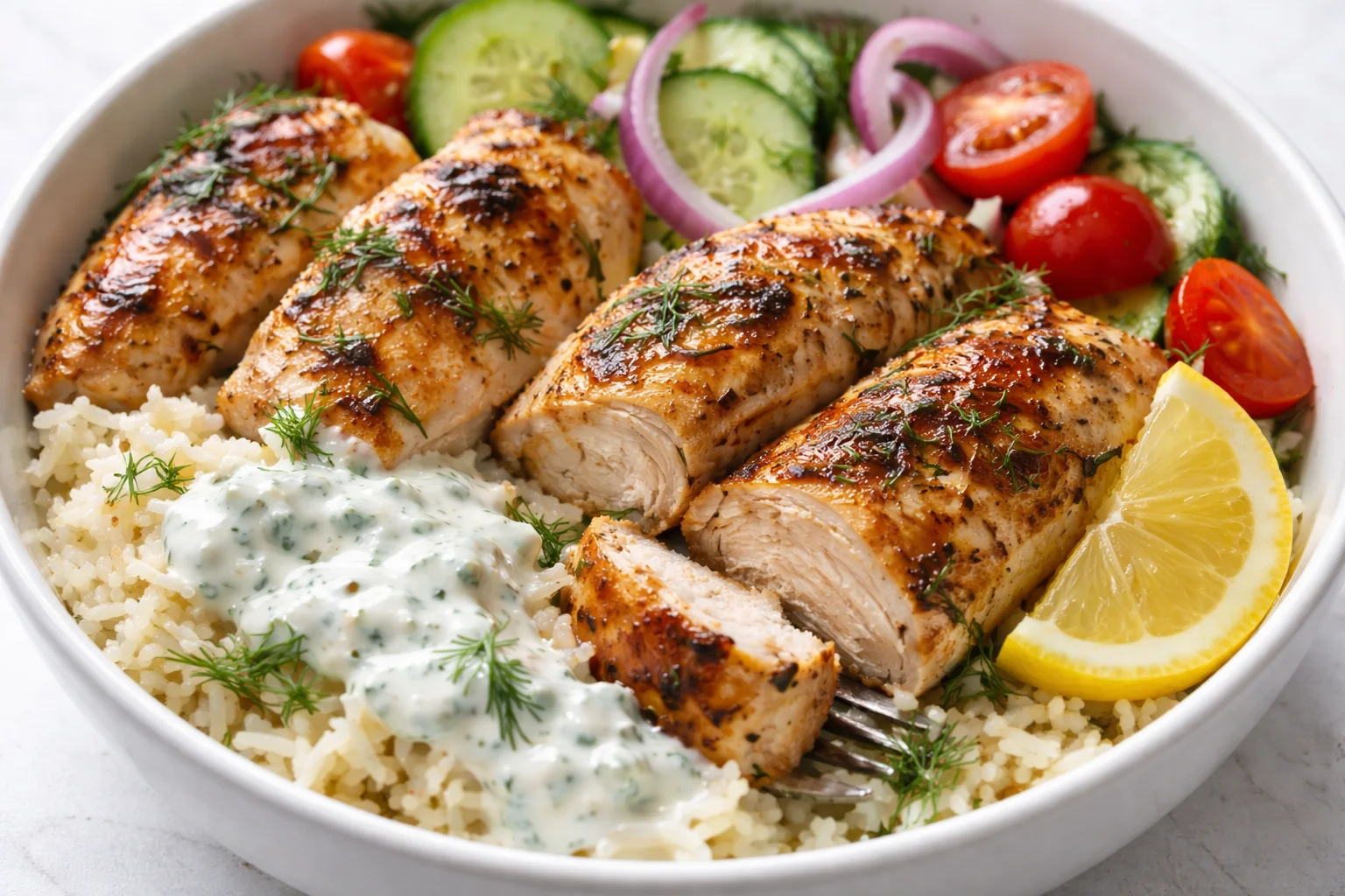Mediterranean Lemon-Dill Chicken Bowls