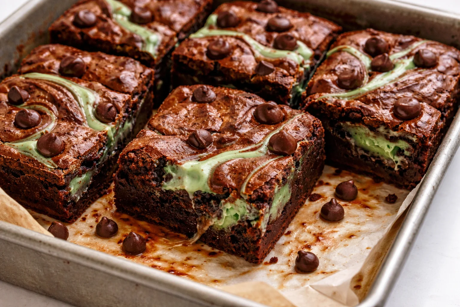 Delicious Mint Cheesecake Brownies with vibrant green mint swirl design