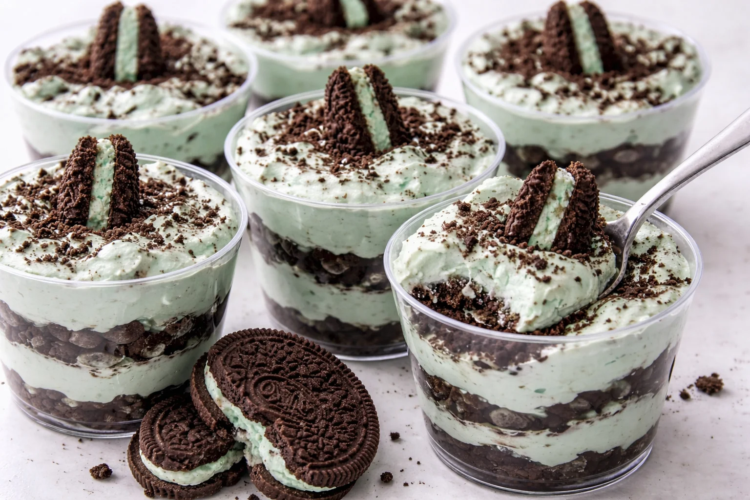 Layered Mint Oreo Parfaits with mint cream and Oreo crumbles in a dessert glass