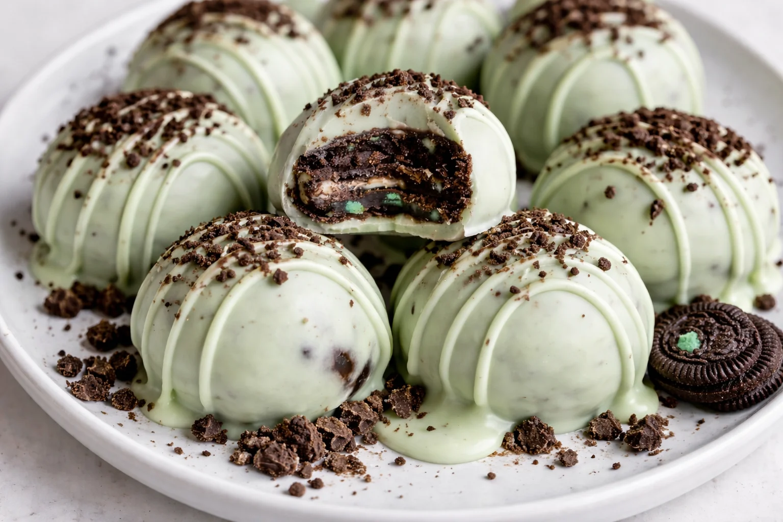 Mint Oreo Truffles topped with crushed Oreos and mint sprinkles
