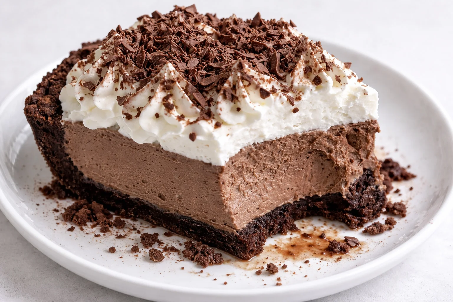Delicious slice of Mississippi Mud Pie topped with whipped cream.