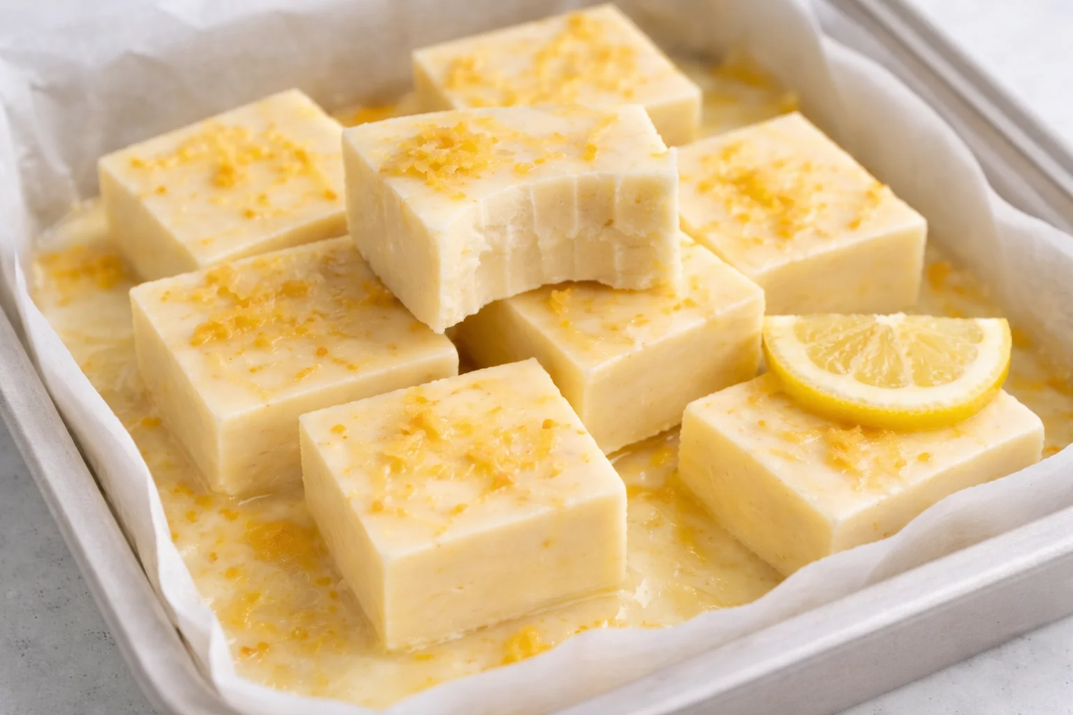 No bake easy lemon fudge recipe with a bright yellow color and lemon zest garnish.