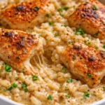One-Pan Creamy Parmesan Chicken and Rice dish, savory and delicious.