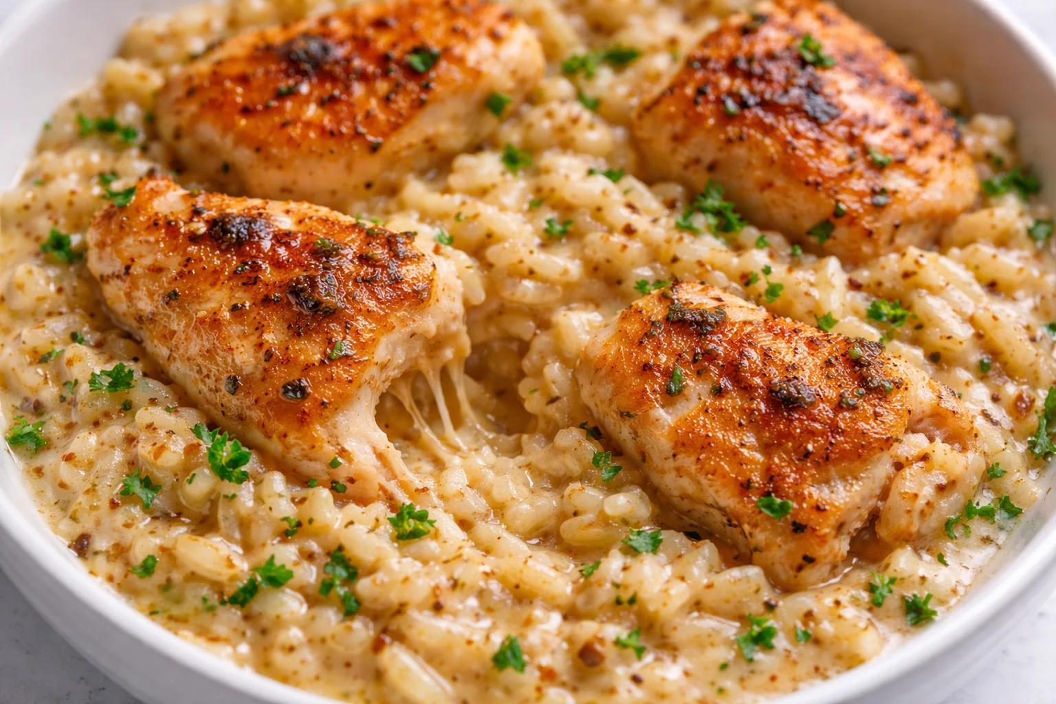 One-Pan Creamy Parmesan Chicken and Rice dish, savory and delicious.