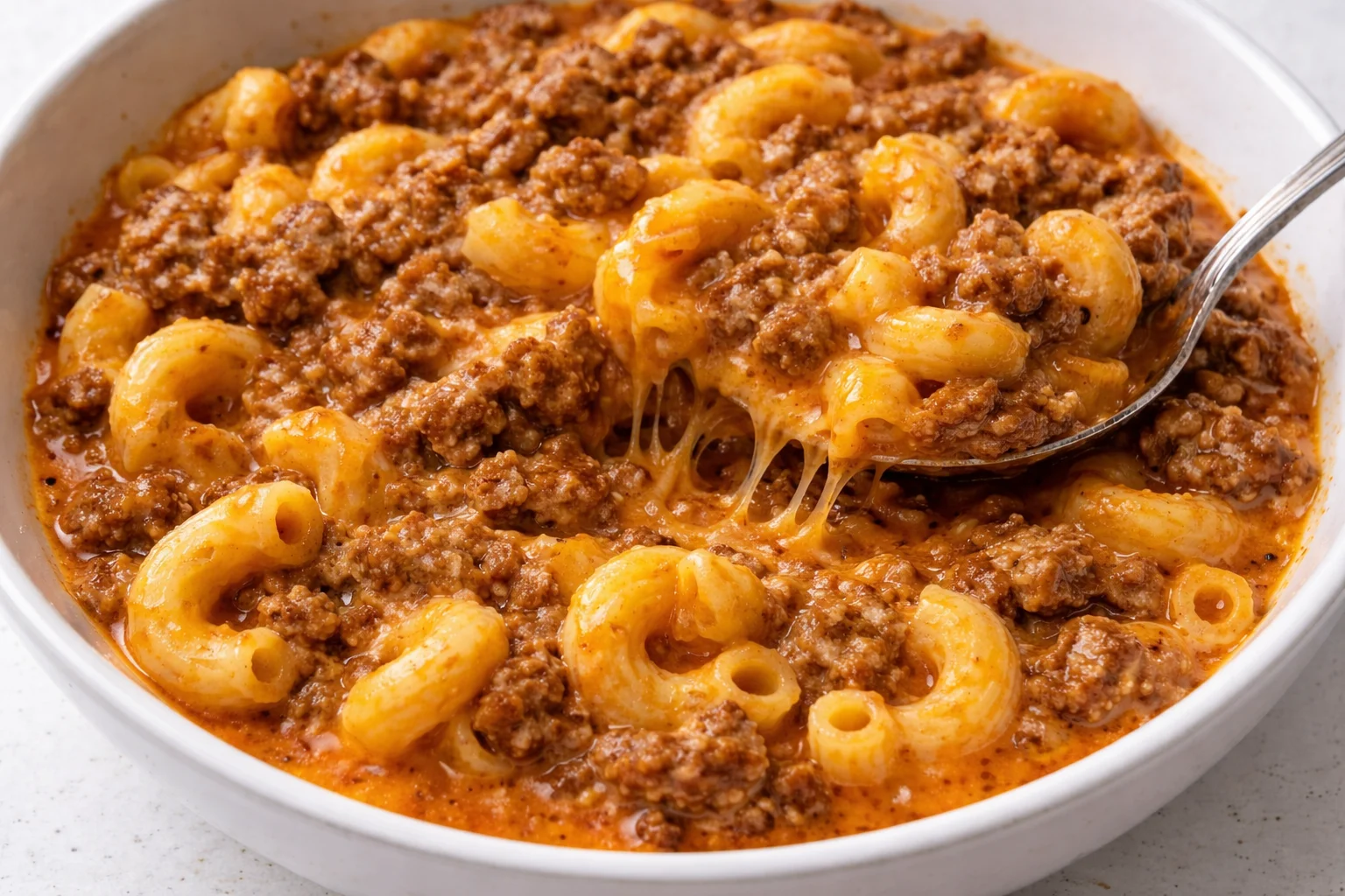 Delicious one pot cheeseburger macaroni served in a bowl with cheese and beef.