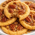 Freshly baked pecan pie cookies with a gooey pecan topping on a wooden tray.