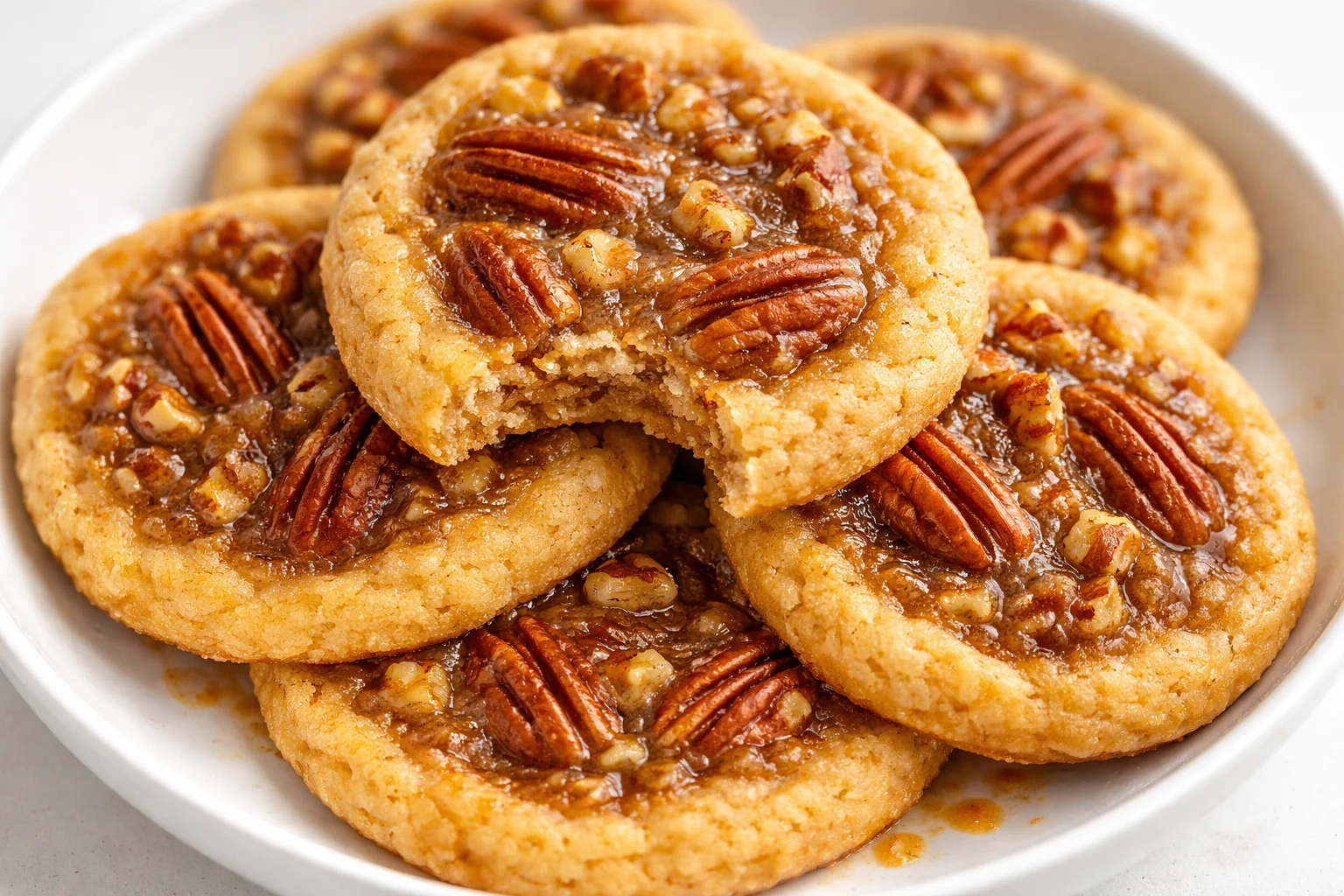Freshly baked pecan pie cookies with a gooey pecan topping on a wooden tray.