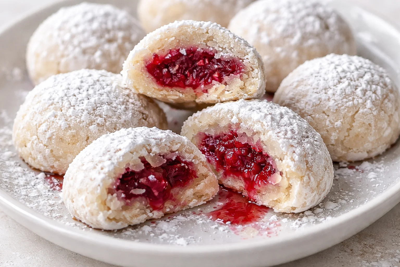 Delicious Raspberry Almond Snowball Cookies on a plate.
