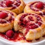 Freshly baked Raspberry Cinnamon Rolls drizzled with a lemon glaze.
