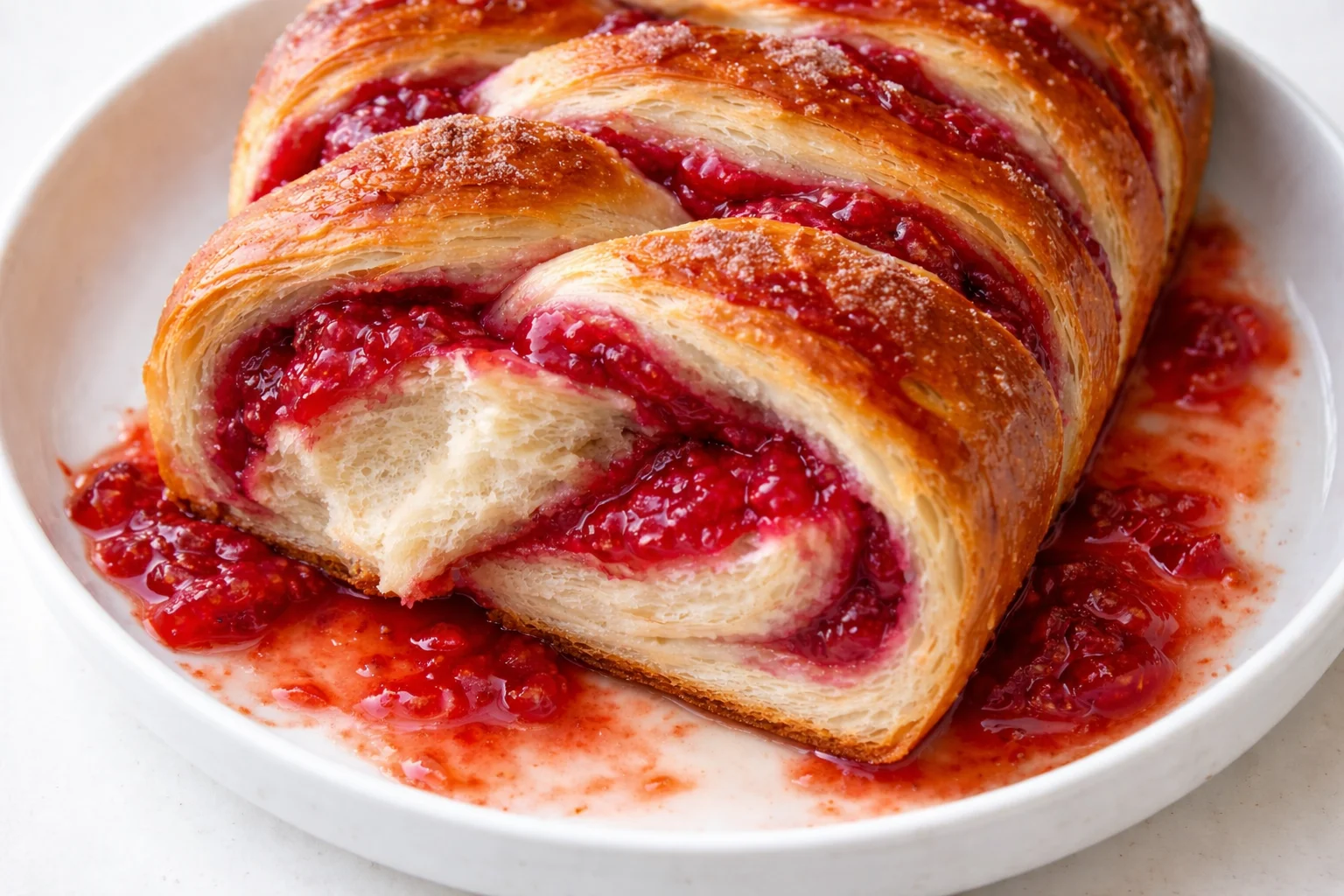 Freshly baked raspberry swirl brioche loaf sliced on a wooden table