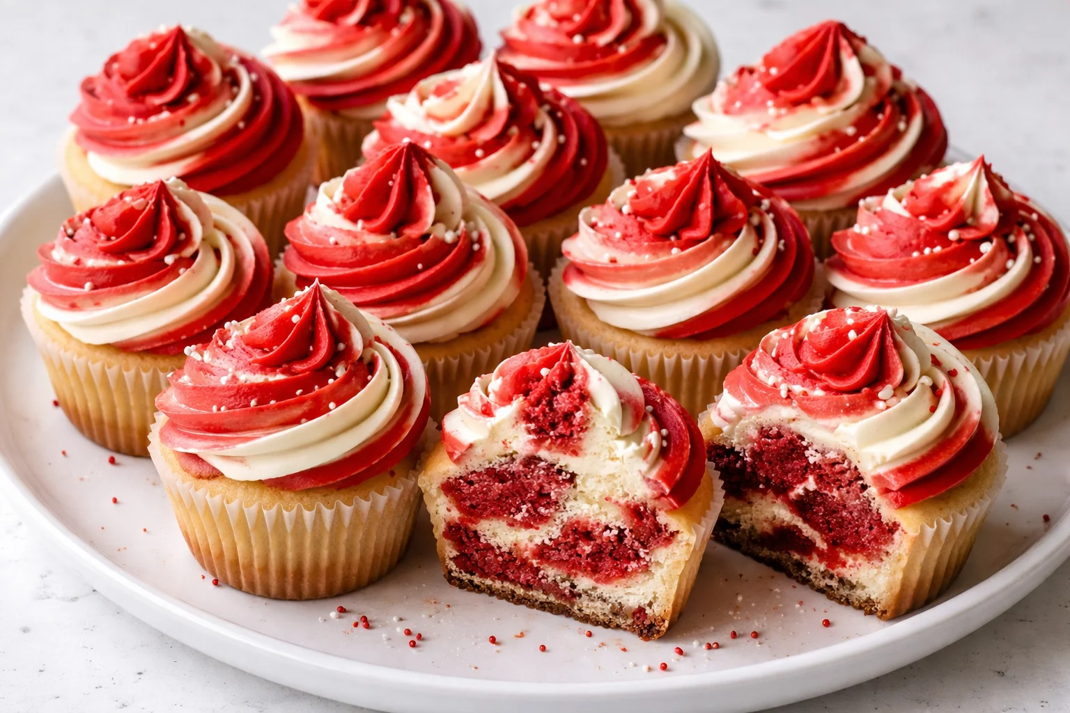 Red and White Swirled Frosted Cupcakes