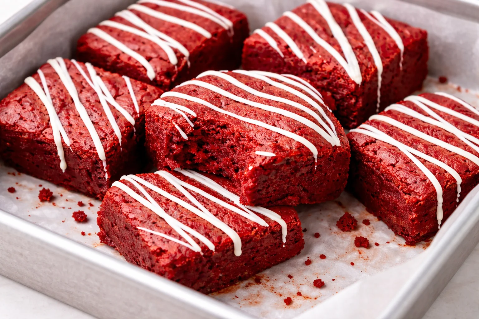 Delicious red velvet brownies topped with cream cheese frosting.