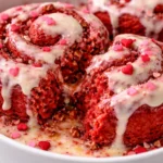 Red Velvet Valentine's Day cinnamon rolls with cream cheese icing