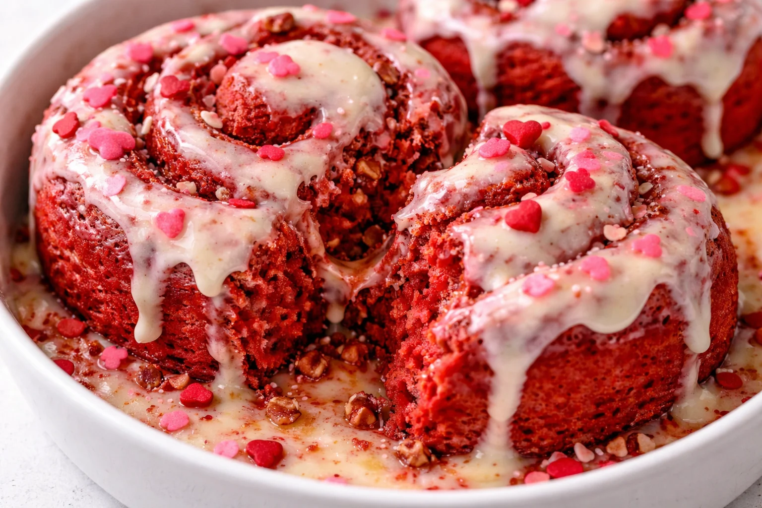 Red Velvet Valentine's Day cinnamon rolls with cream cheese icing